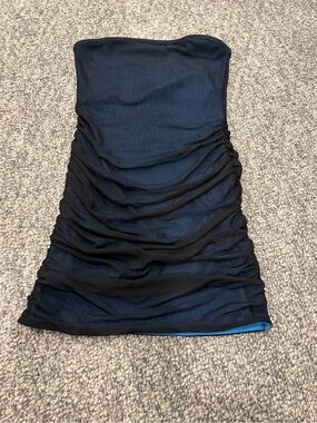 Theme Strapless Ruched Black Mesh Dress With Blue Lining